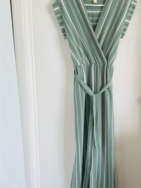 Monteau Sage Green & White Striped Wrap Jumpsuit